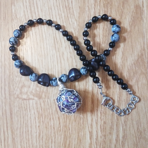 Hand Crafted Jewelry - D20 Tourmaline Snowflake Obsidian Necklace